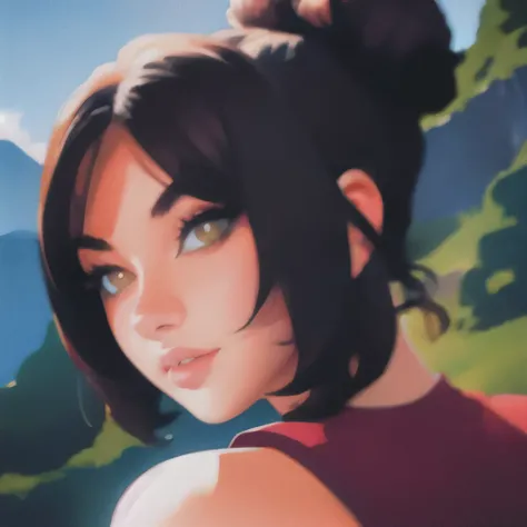 Side portrait 80% shilouette of a Beautiful goddess with hair in a bun, gorgeous eye lashes, composites with a mountain scene blended together, background by ilya kuvshinov and annie leibowitz. synthwave watercolor painting on canvas trending in artstation...