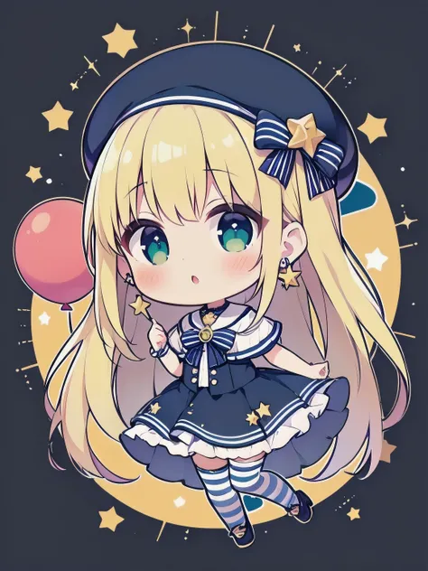 (best quality:1.2), masterpiece, very young , cute, kawaii, 1girl, balloon, beret, blonde hair, blue eyes, blush, bow, chibi, constellation, earrings, full body, globe, green headwear, hat, looking at viewer, saint quartz \(fate\), skirt, solo, star \(symb...