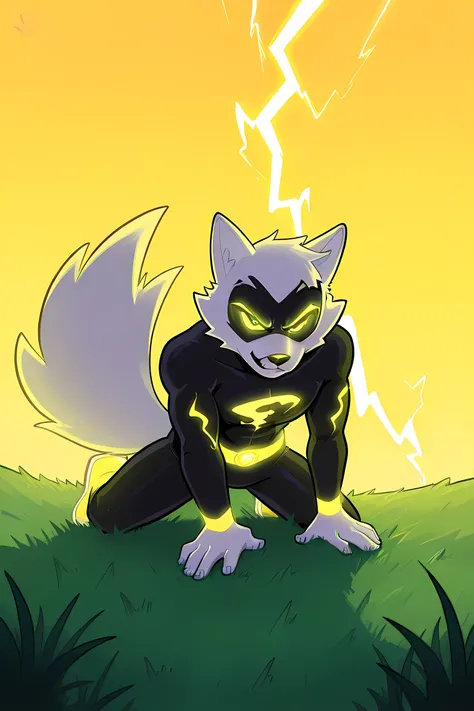 anime male wolf with pale yellow glowing fur in a superhero outfit, in a grasslands, yellow sky, yellow glowing neon lightning powers, professionally drawn, danny phantom cartoon