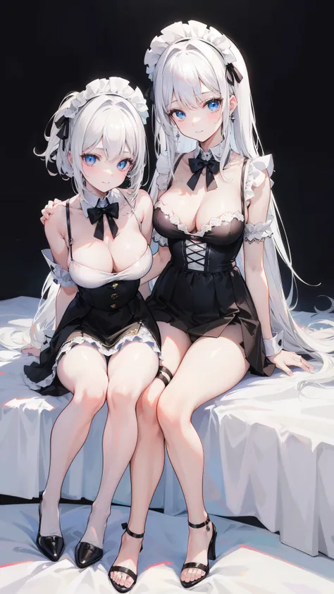 32k, highest quality, expensive_solve, clear_image, detailed background, 2 girls, The first girl should have white hair and the second girl should have black hair, Beautiful mode ing, smile, sit on bed, spread your Legs, bikini bunny, maid outfit, Have the...