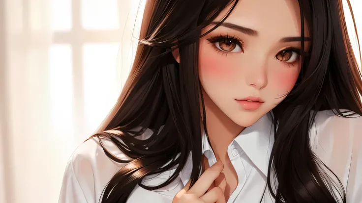 Sexy and cute woman, black brown hair, long hair, straight hair, weak eyes, blushing intensely, lips parted, ready to kiss, long oversized white shirt