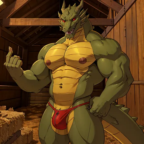 shendu, anthropomorphic eastern dragon, 3/4 view, perspective, old barn, wood wall, fence, dirt, skimpy thong, large crotch bulge, topless, broad chest, large shoulders, buff, spike arms, massive pecs, abs, muscular, narrow waist, accurate, male, solo, sha...