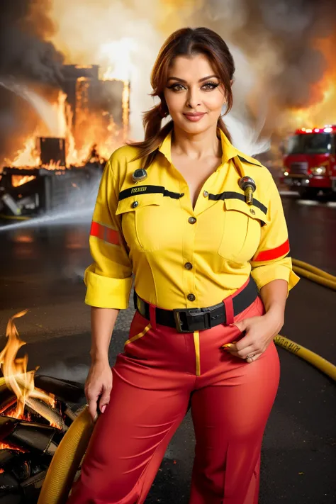 Full body photo of SEXY 50YO MATURE MILF AISHWARYA RAI as SEXIEST FIRE FIGHTER, ((((HEAVY SMOKY EYES WITH FALSE EYELASHES)))), ((FLIRTATIOUS SARDONIC MOCKING SMIRK)), (((RED & YELLOW FIRE FIGHTER UNIFORM WITH UNBUTTONED SHIRT AND SAFETY HELMET))), ((STRAIG...