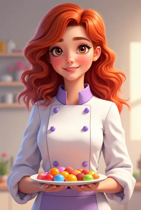  The pastry chef seems to be about 24 years old ,  with curly red hair that falls over her shoulders .  Her dark brown eyes shine with joy as she holds a plate of colorful party candies.  She wears a white confectionery coat with details in lilac ,Add a to...