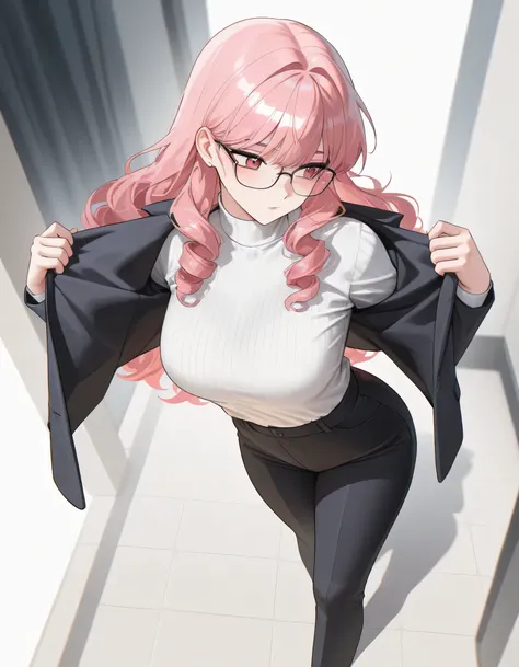 1woman, a adult woman, queixo mais fino, alta, pink curly hair like rose quartz, curly long pink hair, looking side, dark clothes, watercolor background, manhwa art style, manhwa protagonist, fullbody, putting jacket, confident, glasses,(best quality,4k,8k...