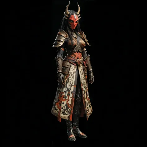 anime woman, full body, front view, A-pose, female samurai, horror oni concept, heavily spiked samurai armor, wearing a red oni mask, black and red, solemn look, long black hair, perfect composition 