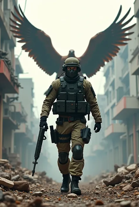 A soldier in a special forces outfit walks ,  and behind him a garuda walks in the background of a city destroyed by battle