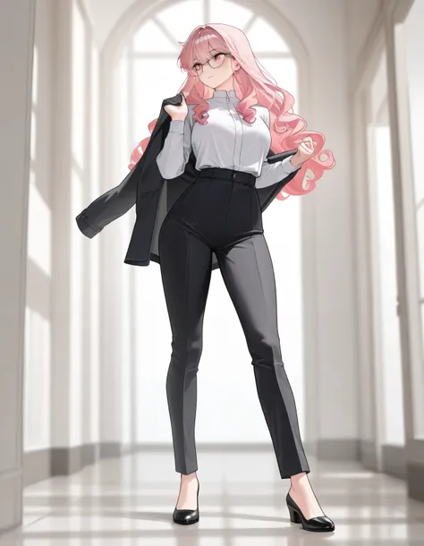 1woman, a adult woman, queixo mais fino, alta, pink curly hair like rose quartz, curly long pink hair, looking side, dark clothes, watercolor background, manhwa art style, manhwa protagonist, fullbody, putting jacket, confident, glasses,(best quality,4k,8k...