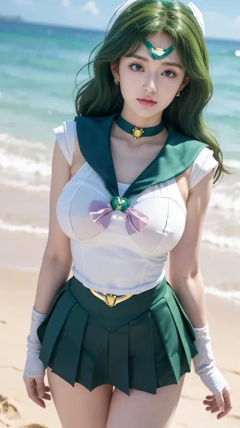 Sailor Neptune walks to the left along the sandy beach, wearing a sailor senshi uniform, (sailor Neptune:1.8), (long green hair), ulzzang-6500-v1.1, pureerosface_v1, top quality, masterpiece, illustration, (realistic, photo-realistic:1.37), stunning, fine ...