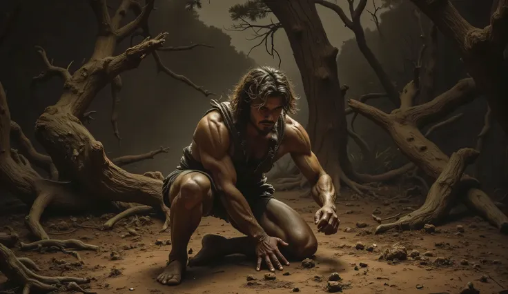 A realistic image of Hercules alone in the scene, crouched with his hand on the ground in the cow's footprint. The background should include fallen trees and disturbed ground, capturing the essence of ancient Greece. Greek armor, lion skin,