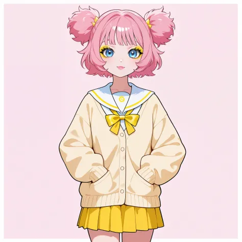 create a : ( the style you need )
 Business:
 Short girl ,  cute looking , with tall, fluffy short tails in pink color.  in school uniform,  with bright yellow makeup ,  concept with pink lips (Shine).  blue eyes . Yellow cardigan .  long beige skirt .