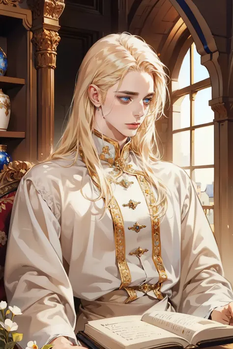 1 boy, realistic,  masterpiece,  of better quality,   beautiful, Detailed eyes and detailed faces.,natural light, MEDIEVAL FANTASY, European retro , white shirt,  long golden hair,  blue eyes, attractive, depressed, decorative flowers, sunshine, innocent, ...