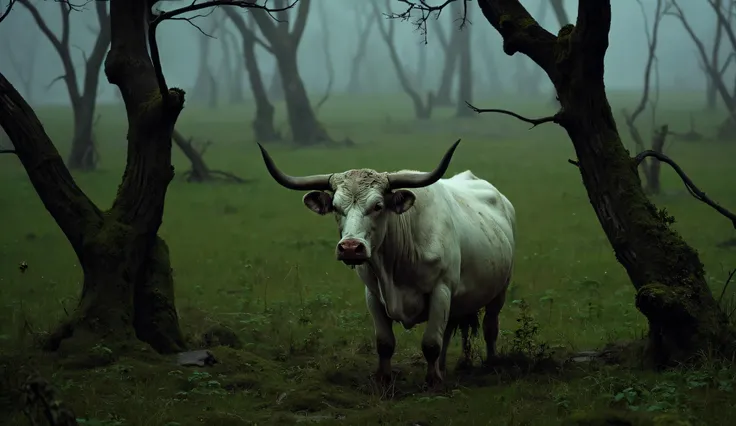 a realistic image of a green field with broken trees in the background, some holes in the ground, and a completely white bull with dirt on its snout and blood on the horns among the broken trees. It's late afternoon.