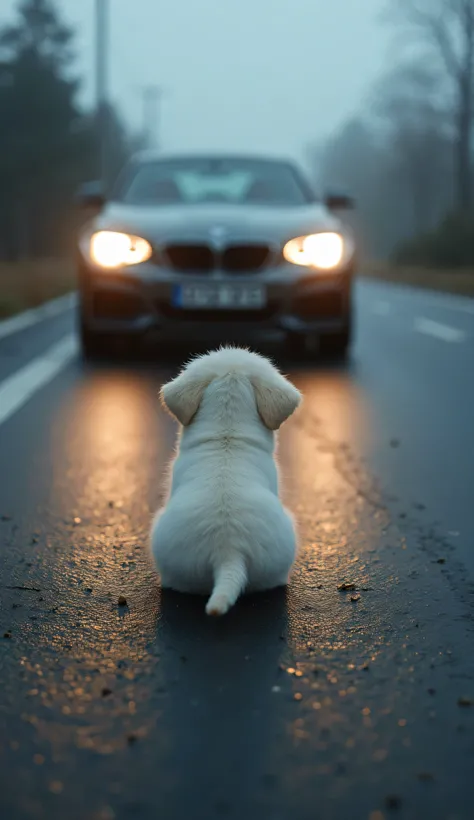 A car is coming toward the white puppy on the asphalt.