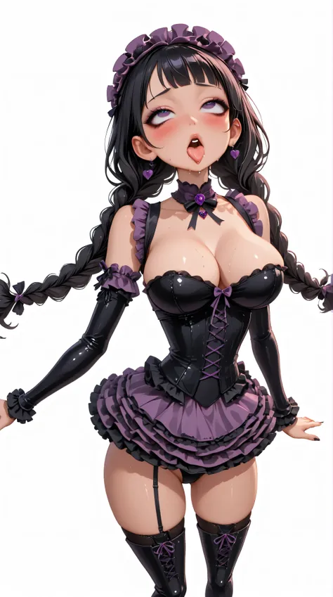 Goth, violet Lolita dress, long black hair, long braids, violet eyes, thigh highs, violet knee high latex boots, asian girl . Very kawaii , round face . alone , Slim , big breasts , cleavage, short and small . shiny skin . dynamic angle . No background , W...