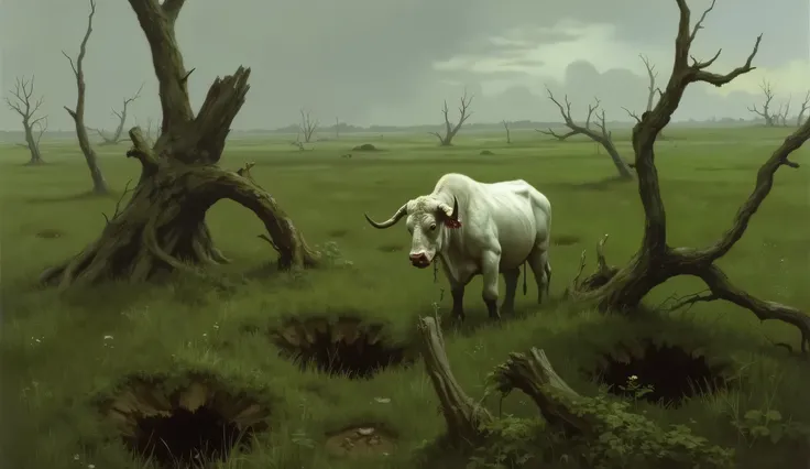 a realistic image of a green field with broken trees in the background, some holes in the ground, and a completely white bull with dirt on its snout and blood on the horns among the broken trees. It's late afternoon.