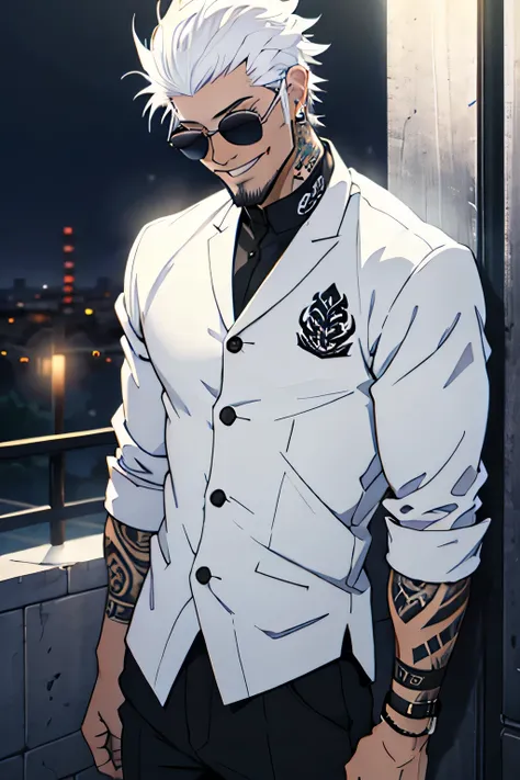 Young black man, white clothes,  cool sunglasses,  white hair,  black hair,  white hair, piercings, tattoo, to smile, night, dark place,  black man, Short White Beard 