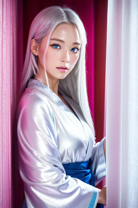  high quality,  Ultra High Resolution, ( is present:1.4),  silver hair、 pink kimono、 Japanese、 gals、blue eyes、 cute、White curtain in the background
