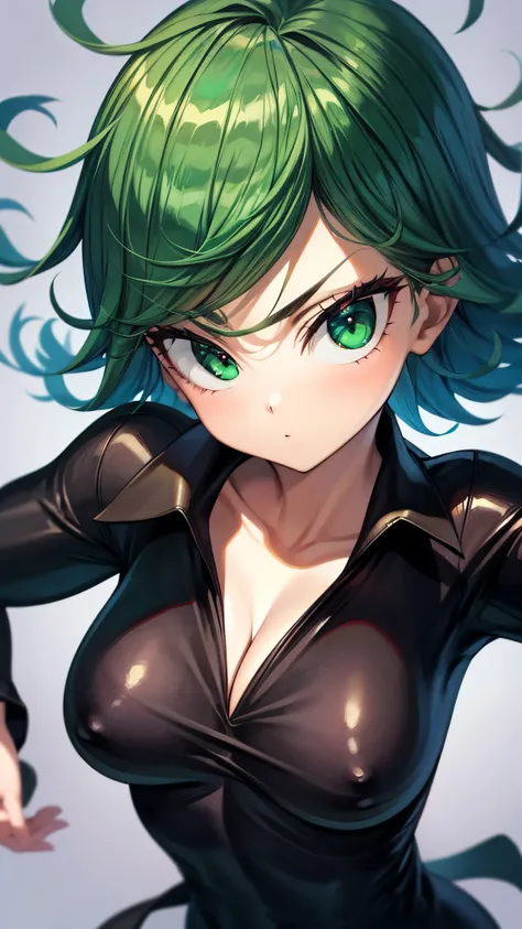 （ Super high quality, Ultra High Resolution,16k,super masterpiece,Ultra HD , detailed shading and background,） sexy girl , black dress , cleavage,Green short hair,