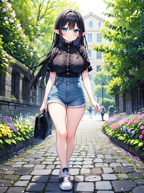 detailed image, beautiful image, 1 elf, black hair, long hair, turquoise eyes, has large breasts, short waist, wide hips, big butt, wearing a baggy designer blouse, denim mini shorts, casual sneakers, walking on cobblestone ground, around many flowers, amb...