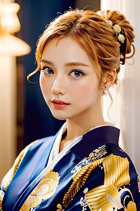  high quality,  Ultra High Resolution, ( is present:1.4), Blonde Updo、 kimono、 Japanese、 gals、blue eyes、 cute、White curtain in the background
