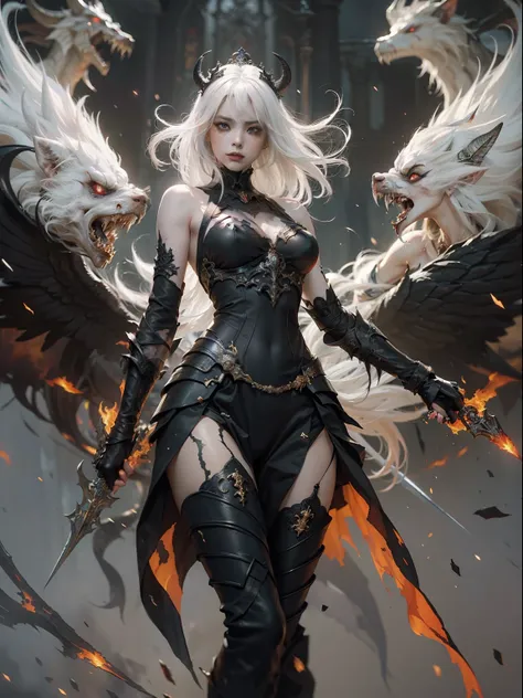 original art,(old painting style),master painting,((hot demon queen in rage mode)),white hair,straight bangs,pretty face,wearing armored sexy black dress,pale skin,((rage pose)),high detail face,high detail body,  masterpiece,fantasy,dark,dynamic pose,dyna...