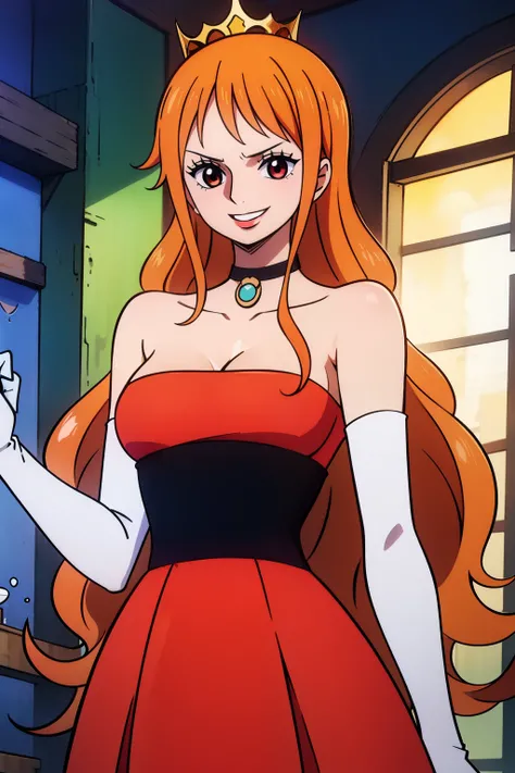 orange hair, long hair , crown, red dress, long dress, strapless dress, backless dress, long white elbow gloves, smile, light red lipstick, dark purple eye shadow, makeup, black choker, cowboy shot