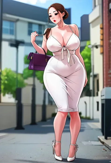 Ju-Mi Noona from New Town has brown honey hair tied with a pink ribbon, extremely fair white skin, big brown eyes, and red plump lips. She's wearing a long white dress, spaghetti straps, and white heels. She's standing on the street, carrying a black purse...