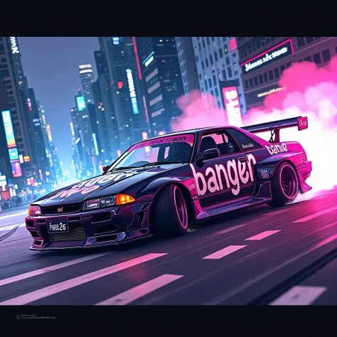 Car drifting in neon lights style, Anime and graffiti, On the side of the car must be the word "B A N G E R" And the word must be on the plate "PARIS 26"