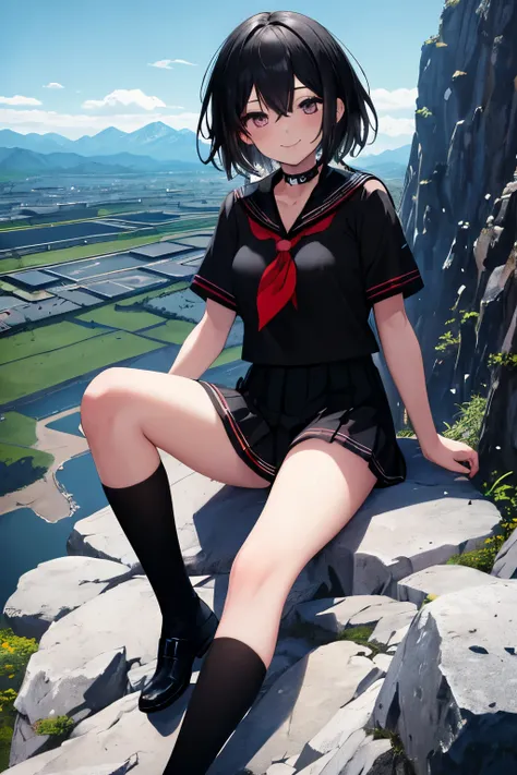 masterpiece, best quality, amazing quality, absurdres, absolutely resolution, newest, 1 girl, (black sailor school uniform:1.8), short sleeves, black pleated skirt, (medium hair:1.3), (black hair:1.3), 19 years old, black choker, (dark eyes:1.2), black sto...