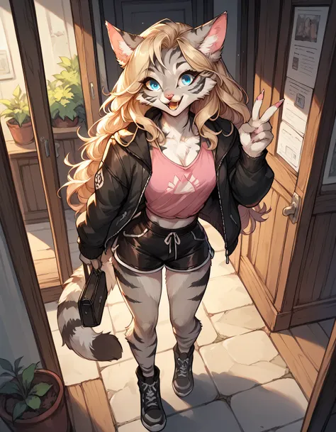 score_9,score_8_up,score_7_up,score_6_up,score_5_up,source_anime,cat,female anthro fluffy cat,silver fur,black stripes on body,blue eyes,long blonde hair,pink nose,:3,clothes: latex wide loose shorts,pink shiny halter top,peace sign,smiling,excited,standin...