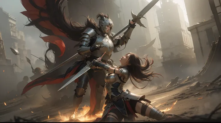 original art,(high detail),female knight warrior decapitate the demon lord's  neck,digital painting,semi realistic,fantasy,cinematic battle,light armor,fighting scene