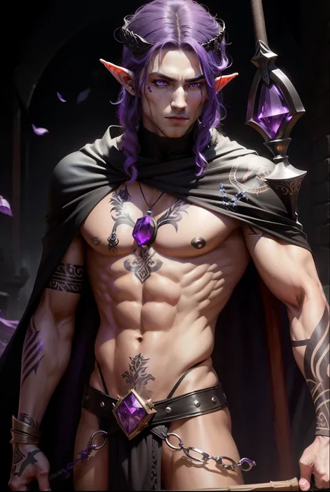 
 Male elf with purple eyes , dressed in a black cape,  holding a black wooden staff with a purple amethyst embedded in it and tribal tattoos on his body