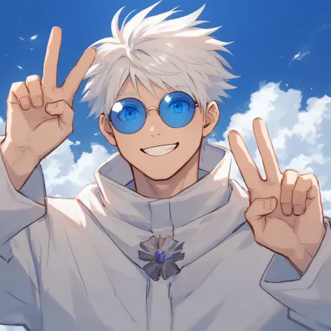 " Create a digital illustration of High resolution of a young man with white hair and an all-white ,  confident posture. He is wearing a,  look that includes a white coat with multiple zippers and a matching pair of loose pants.  His shoes are also white a...