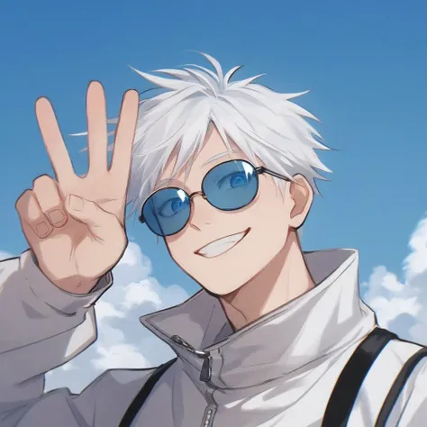 "Create a high-resolution digital illustration of a young man with white hair and a cool, confident demeanor. He is wearing a stylish, all-white outfit that includes a white jacket with multiple zippers and a matching pair of baggy pants. His shoes are als...