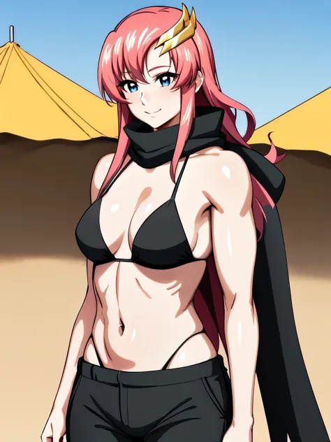 lacus4, masterpiece, cowboy shot, very slim shoulders, 4K, Best Quality, (Anime style: 1.2), happy, Adult Woman, ((ultra detailed face)), (outdoor desert:1.5), (tent entrance:1.3), Drawing lines, high resolution, lacus4, 1girl, Solo, curvy figure, clavicle...