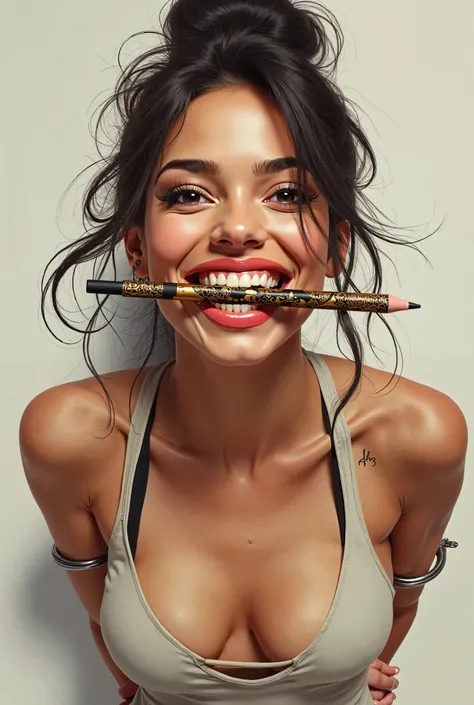 Generate a woman smiling proudly displaying an intricate lip pencil glued between her teeth and her hands tied behind her back 