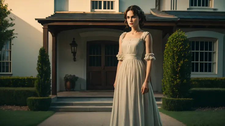 photorealistic and cinematic image of Keira Knightley as Elizabeth Bennet outside the Bennet's home, full body shot