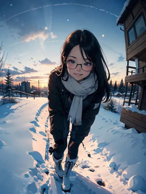 masterpiece，  high resolution，( cute sow  ， Flat shade  )，  person with stylish glasses  ，  beautiful black hair ，  fisheye lens ， cute young mother and cute daughter  person looking down on the winter city from the park garden  :1.2，  warm scarf  ，  bombe...