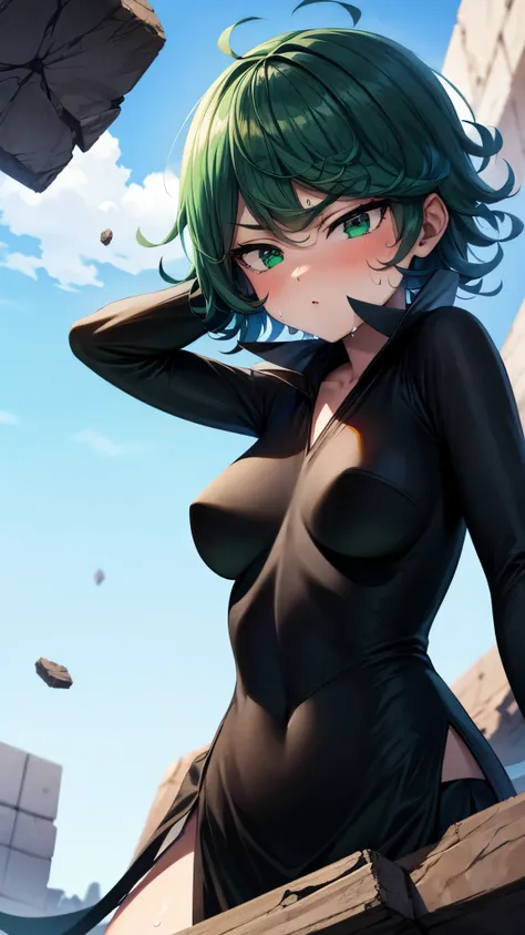 （ Super high quality, Ultra High Resolution,16k,super masterpiece,Ultra HD , detailed shading and background,） upper body shot from below, sexy girl , long sleeve black dress ,Green short hair,Hair lifts ,Clouds, blue sky, and piles of rubble,blush, sweaty...