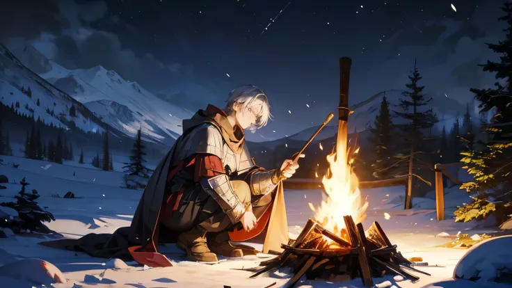 Medieval period、woman、knight、Bonfire、 Snow Mountain 、night、