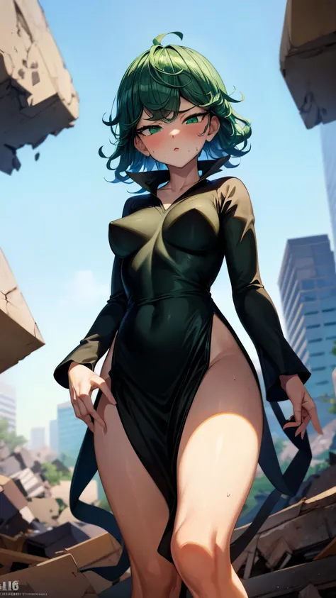 （ Super high quality, Ultra High Resolution,16k,super masterpiece,Ultra HD , detailed shading and background,） taken from below, sexy girl , long sleeve black dress ,Green short hair,Hair lifts ,Clouds, blue sky, and piles of rubble,blush, sweaty,Open your...