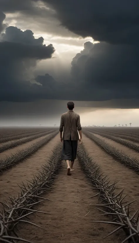 An intense and symbolic image, featuring a vast field covered with thorns stretching out to the horizon, evoking a sense of struggle and challenge. At the center of the scene, a person walks barefoot, their feet in direct contact with the thorns, symbolizi...