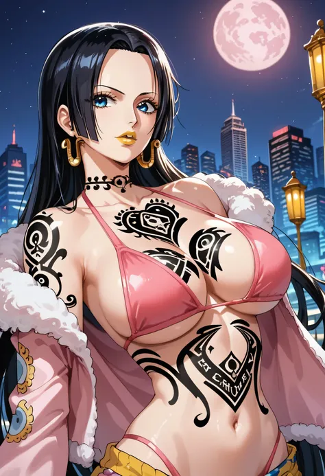 white skin, blue eyes, yellow lipstick, anime style, big breasts, tattoo, chest tattoo, pink bikini, open white jacket, night, city, BBC tattoo, Boa Hancock, One Piece 