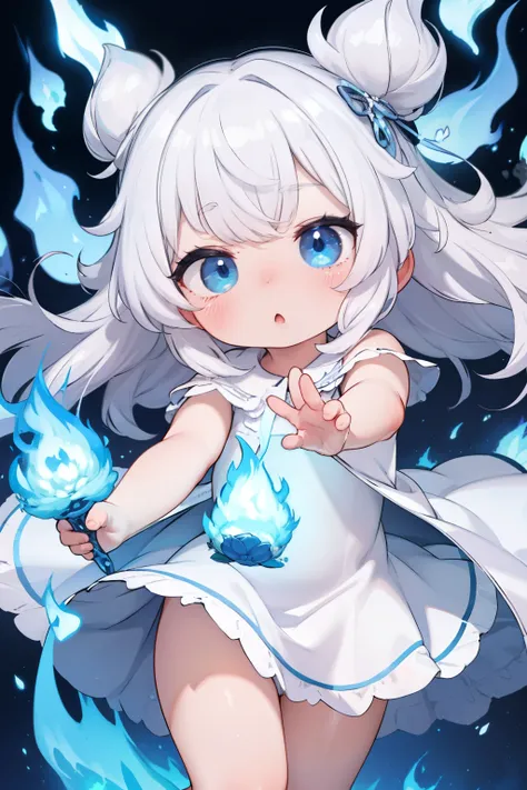 , with long white hair, blue eyes , in a white dress , uses the magic of a blue-colored flame