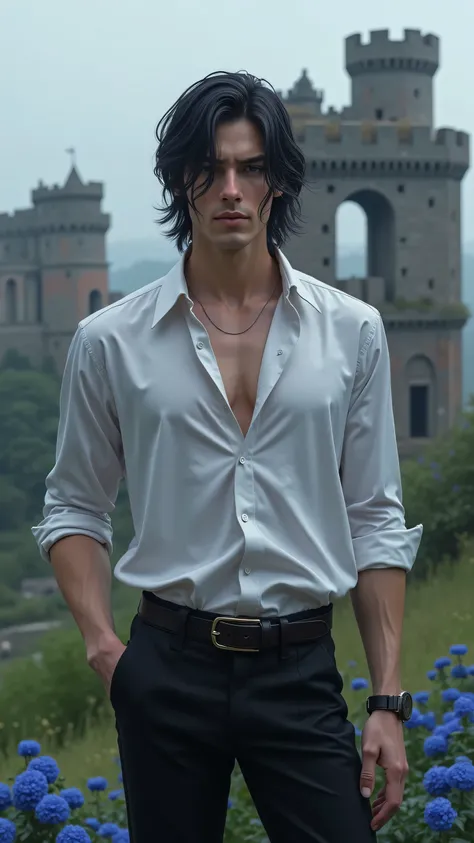 A guy in his twenties, fair skin like an aristocrat, black hair and one silver strand on the side,  shoulder length hair,  is wearing a white silk shirt, black pants with a tight physique and stands with a blue rose near a ruined castle