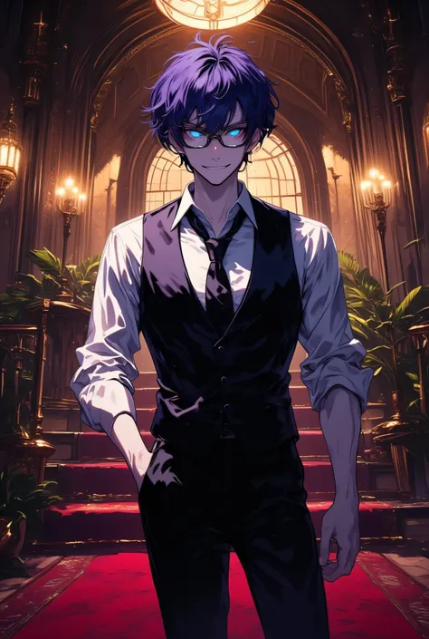 A young guy in a vest, wearing glasses, he is smirking with a evil smile, Western-style mansion, red carpet. ultra detailed, absolutely resolution, masterpiece, dark purple hair, white skin, blue eyes