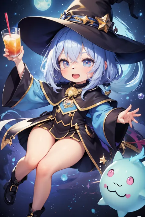 white hair and blue eyes, in white underwear and a white witch hat, uses the magic of a blue flame