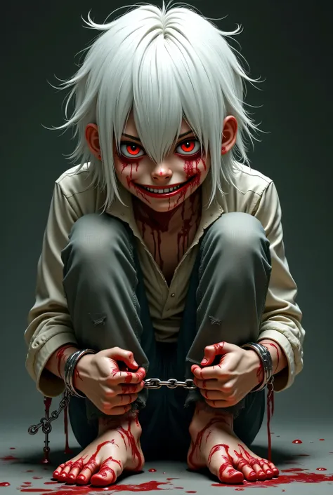 A boy with long white hair shackled by his hands with his feet full of cuts and blood on his face, a macabre smile and red eyes that are highlighted by the shadow that covers his face with clothing only a pair of torn pants. 