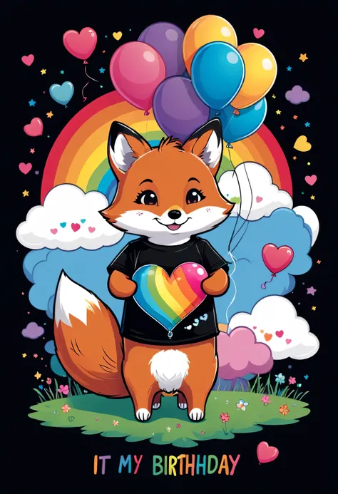 A black t-shirt with a kawaii fox holding a heart-shaped balloon. The text reads: "IT'S MY 7TH BIRTHDAY", with clouds and rainbows around it.